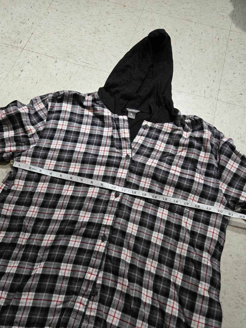 Eddie Bauer Black Hooded Plaid Shirt Jacket with Red Trim - Picture 9 of 9